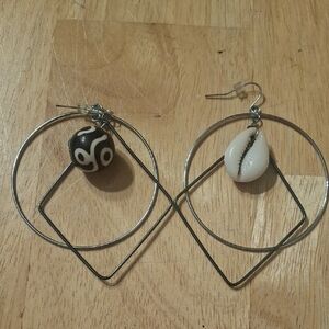 Handcrafted Silver Hoop Earrings with Cowrie Shell and Tribal Bead